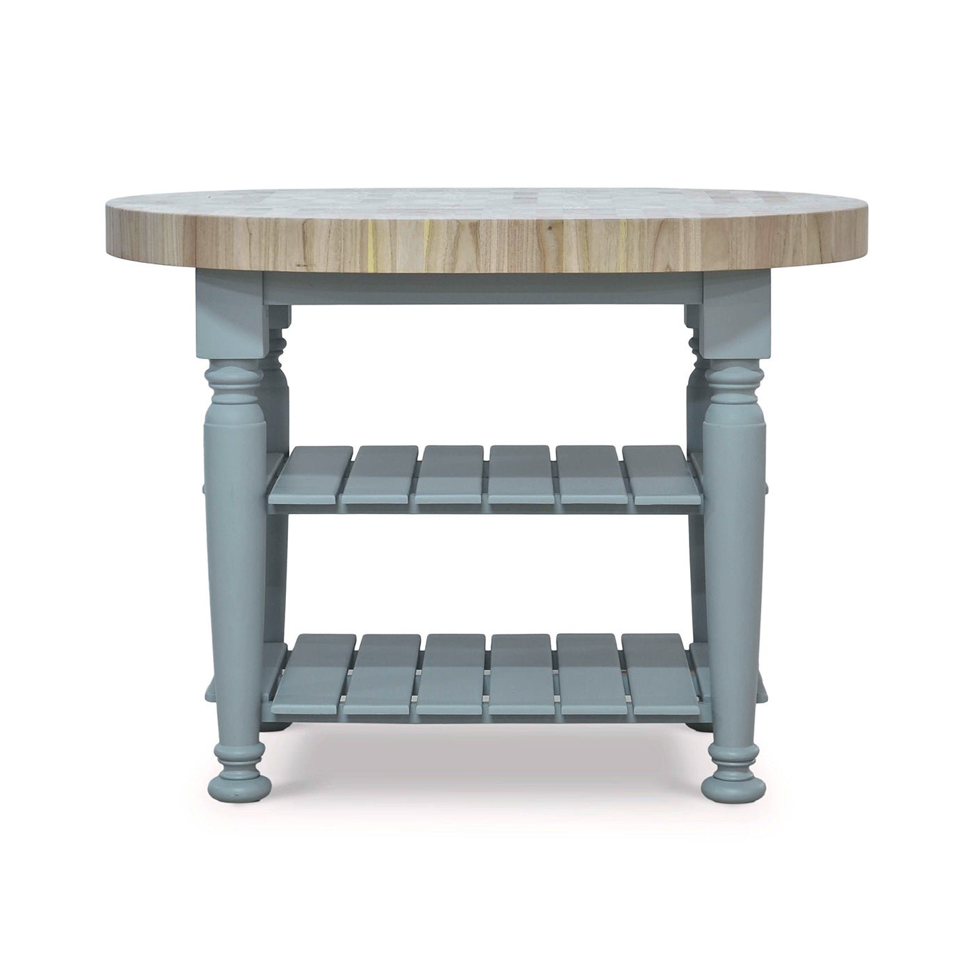 Front view of farmhouse butcher block kitchen island.