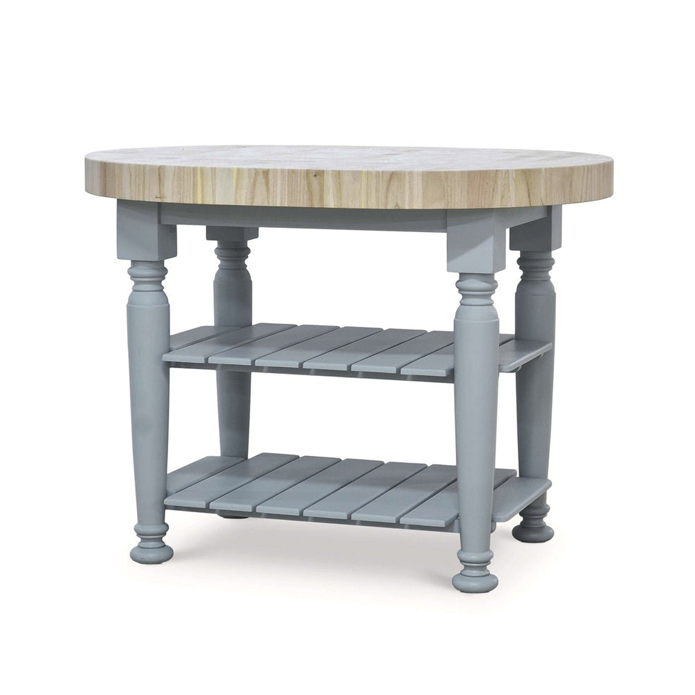 Farmhouse butcher block kitchen island, angled view.