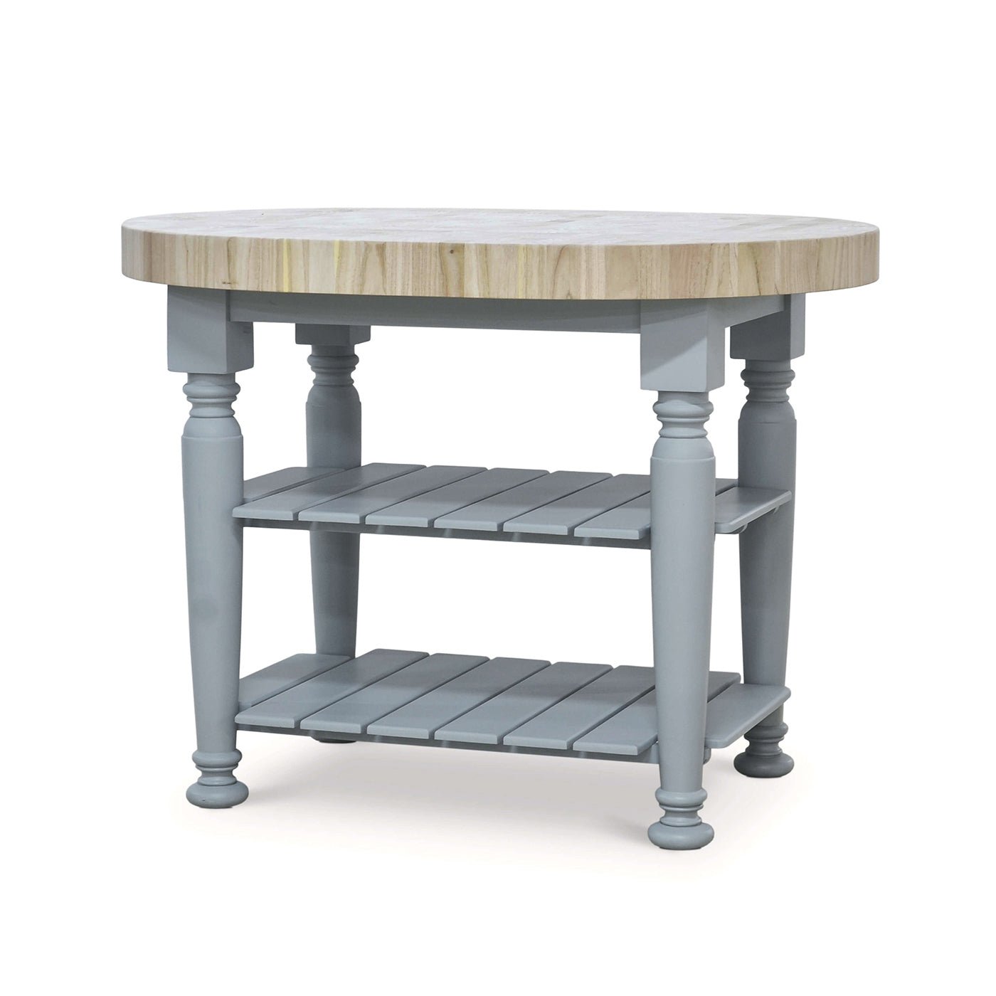 Farmhouse butcher block kitchen island, angled view.