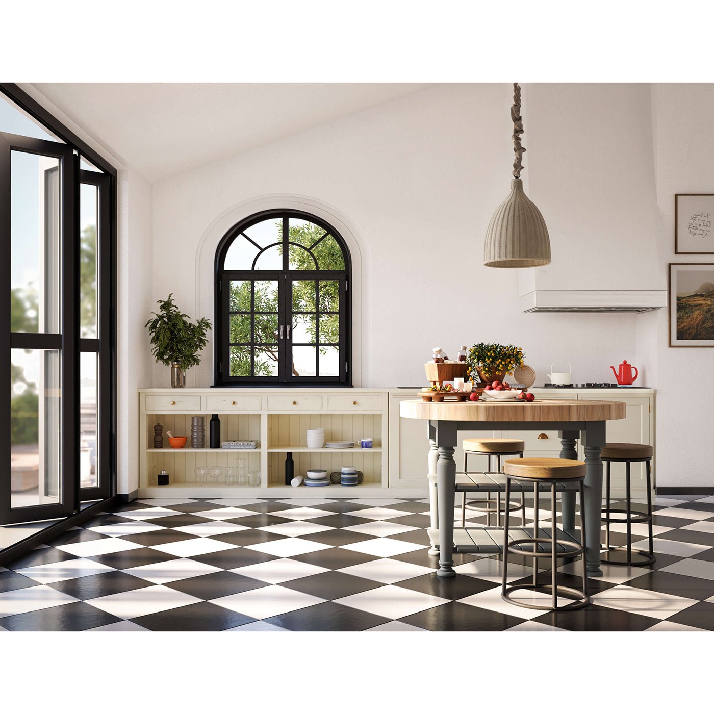 Farmhouse kitchen with butcher block island centerpiece.