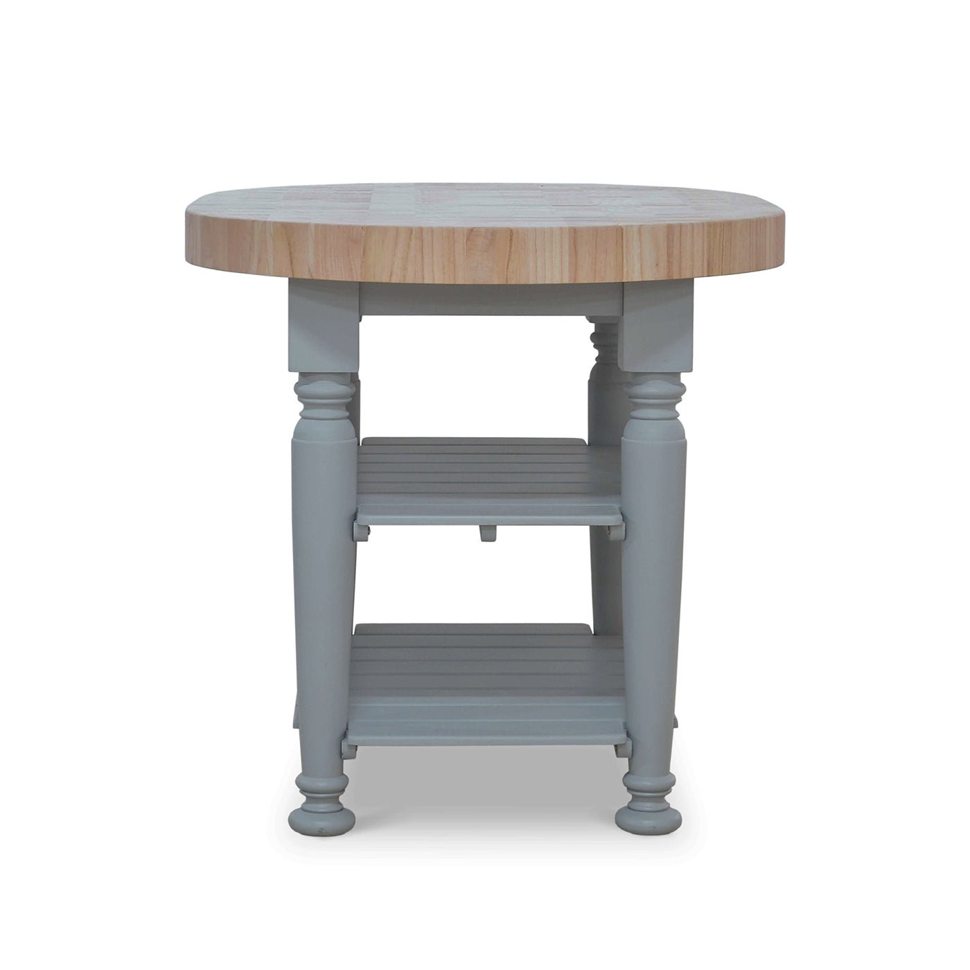 Side view of farmhouse butcher block kitchen island.