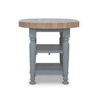 Side view of farmhouse butcher block kitchen island.