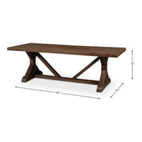 Farmhouse dining table with dimensions listed.
