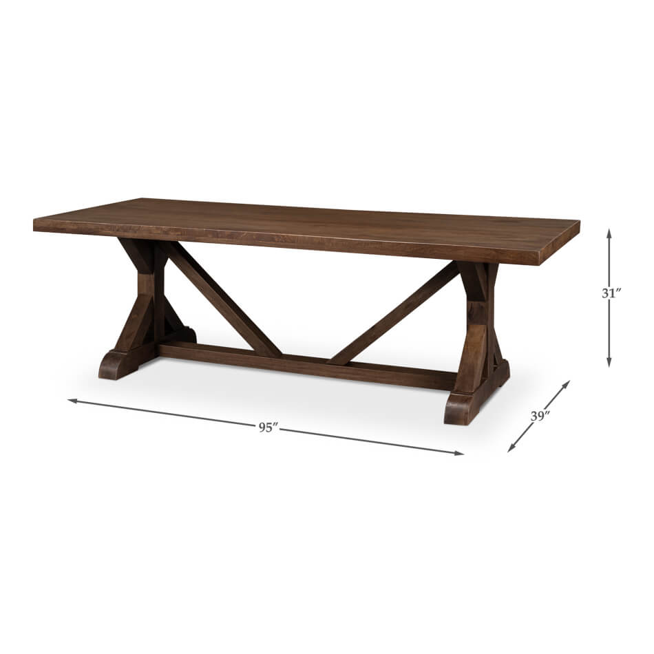 Farmhouse dining table with dimensions listed.