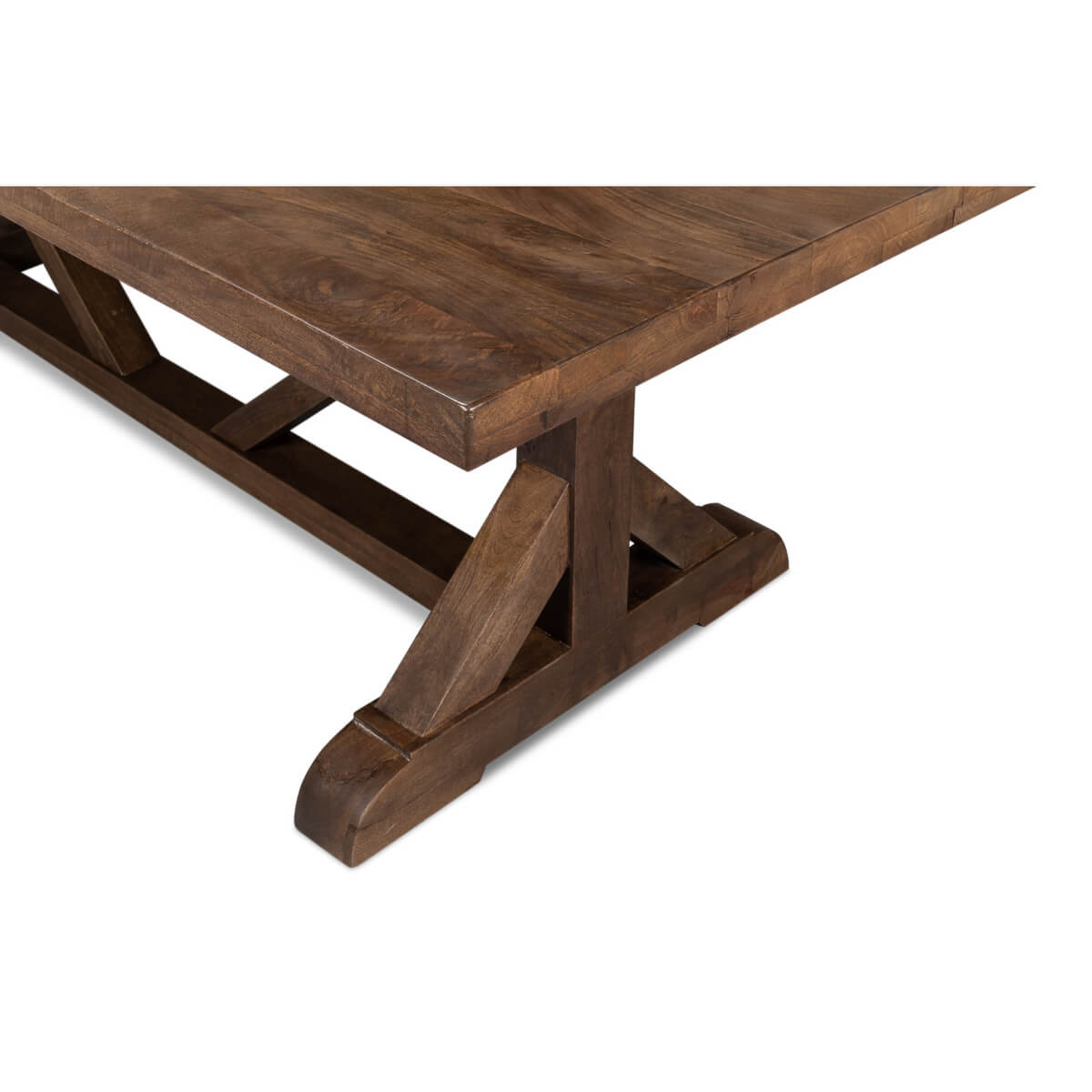Angled view of dining table corner and base.