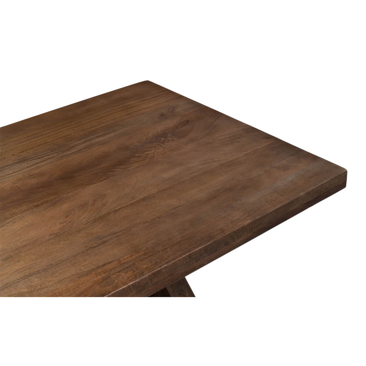Close-up of brown wooden dining table surface.