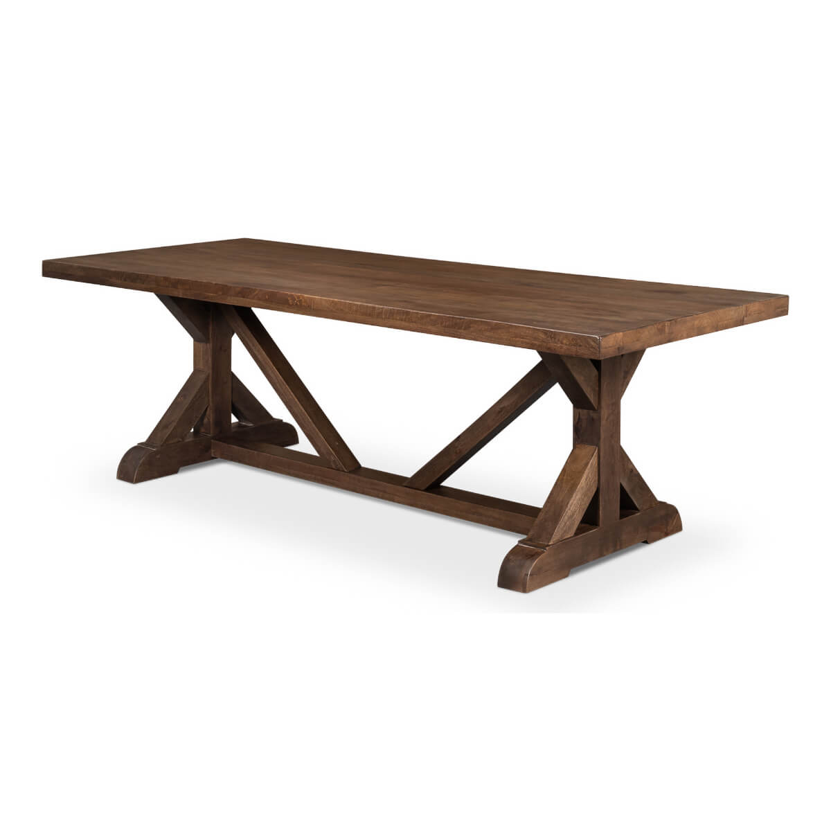 Farmhouse dining table angled with wooden trestle design.