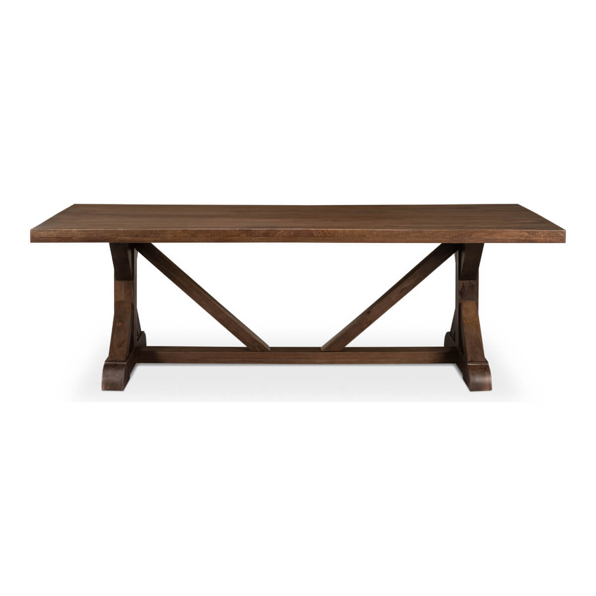 Rustic dining table front view with trestle base.