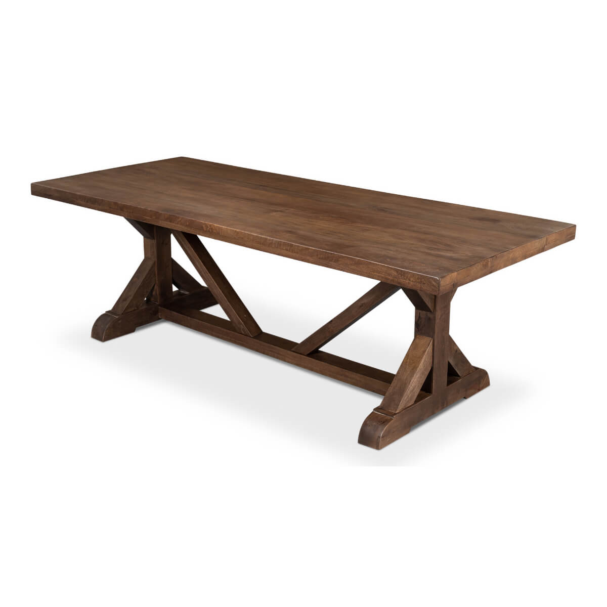 Large wooden dining table angled side perspective.