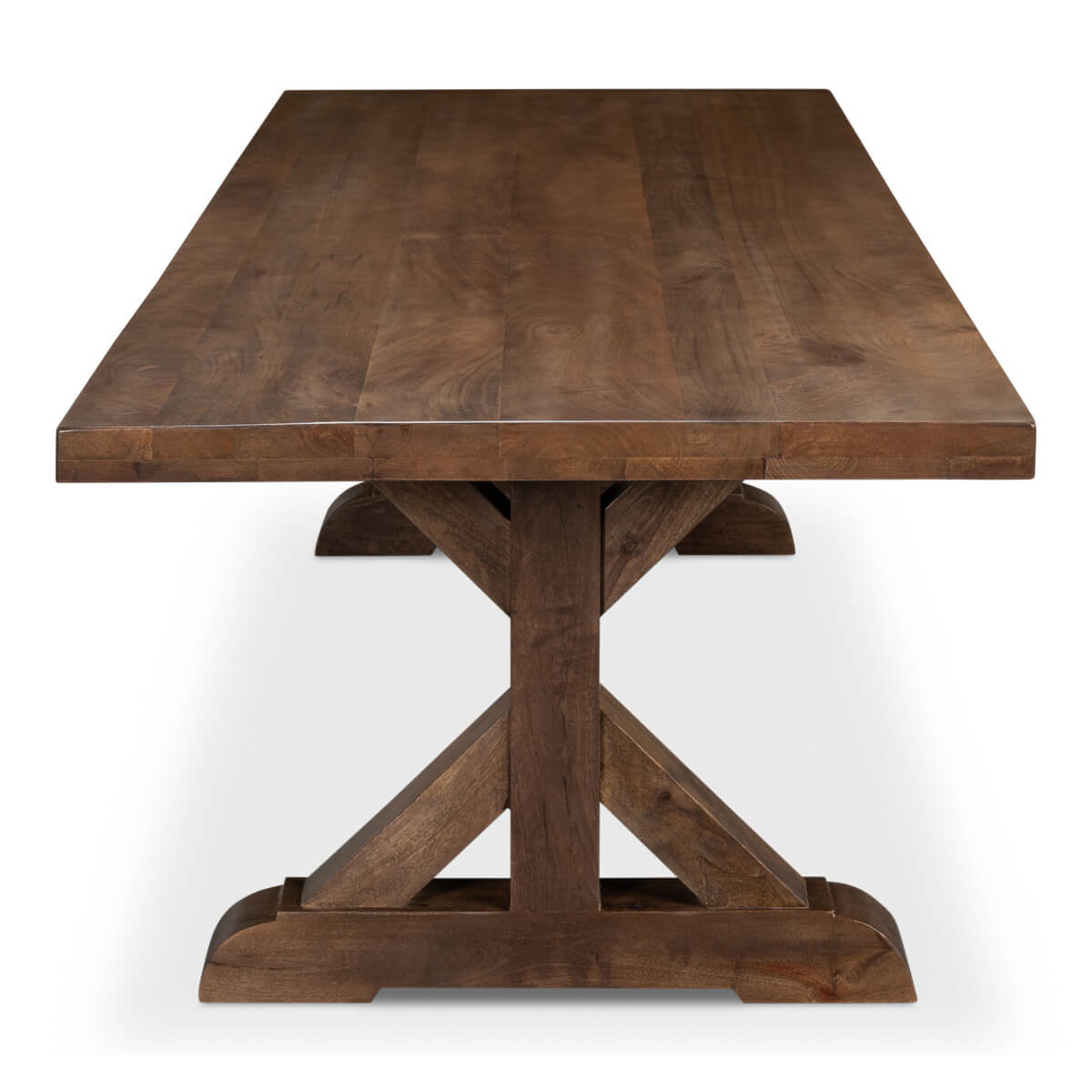 Dining table end view with sturdy trestle support.