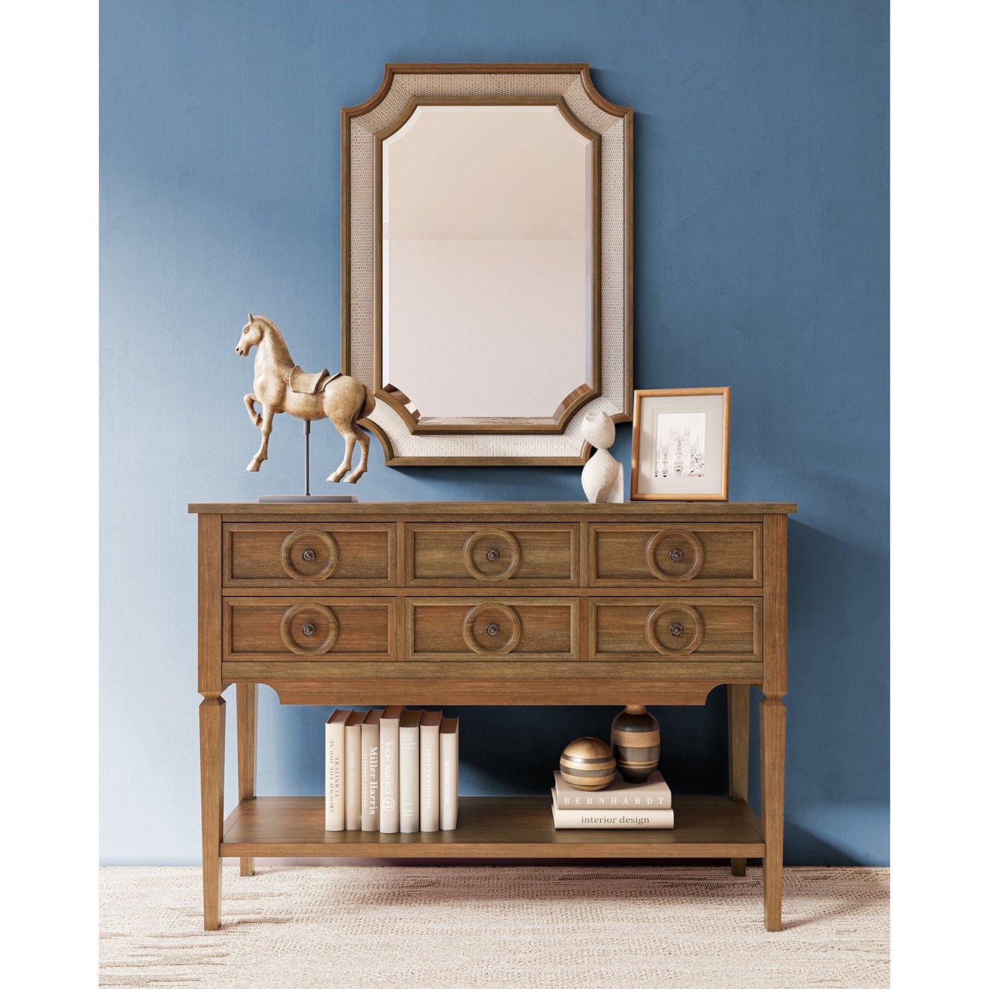 Farmhouse rustic sideboard in styled living space.