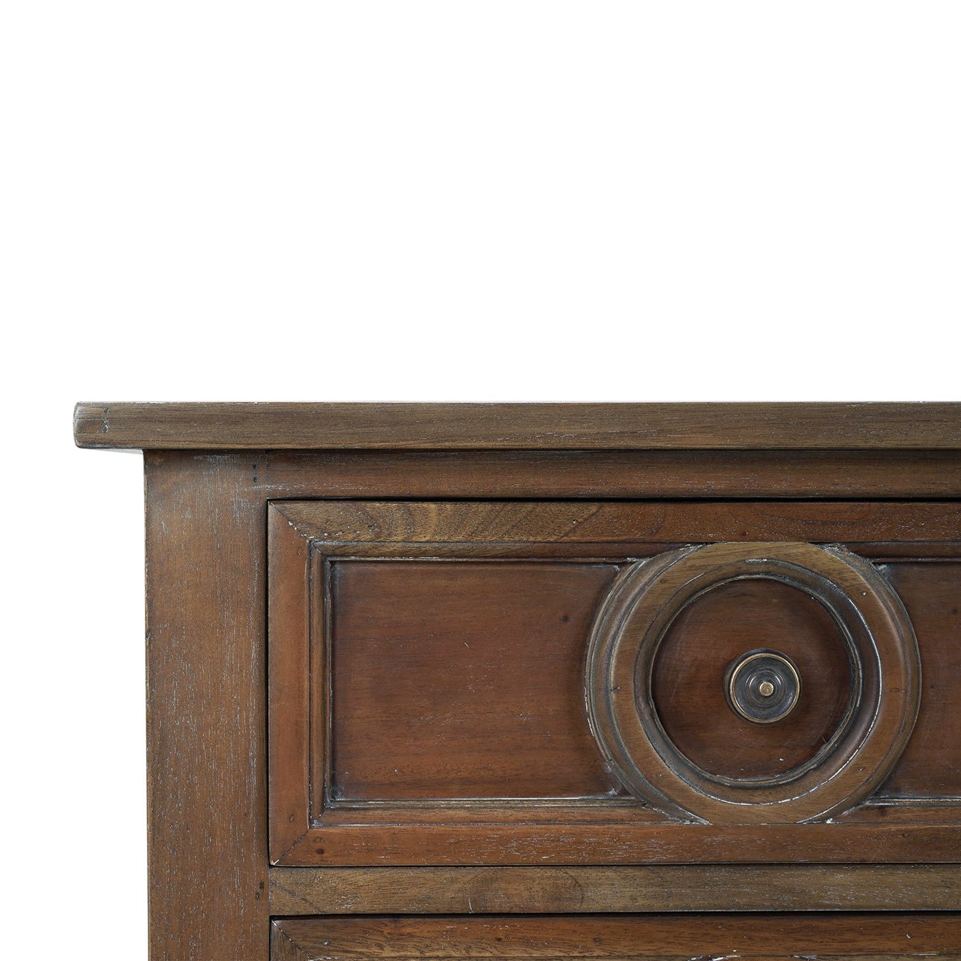 Farmhouse rustic sideboard, close-up of top corner.