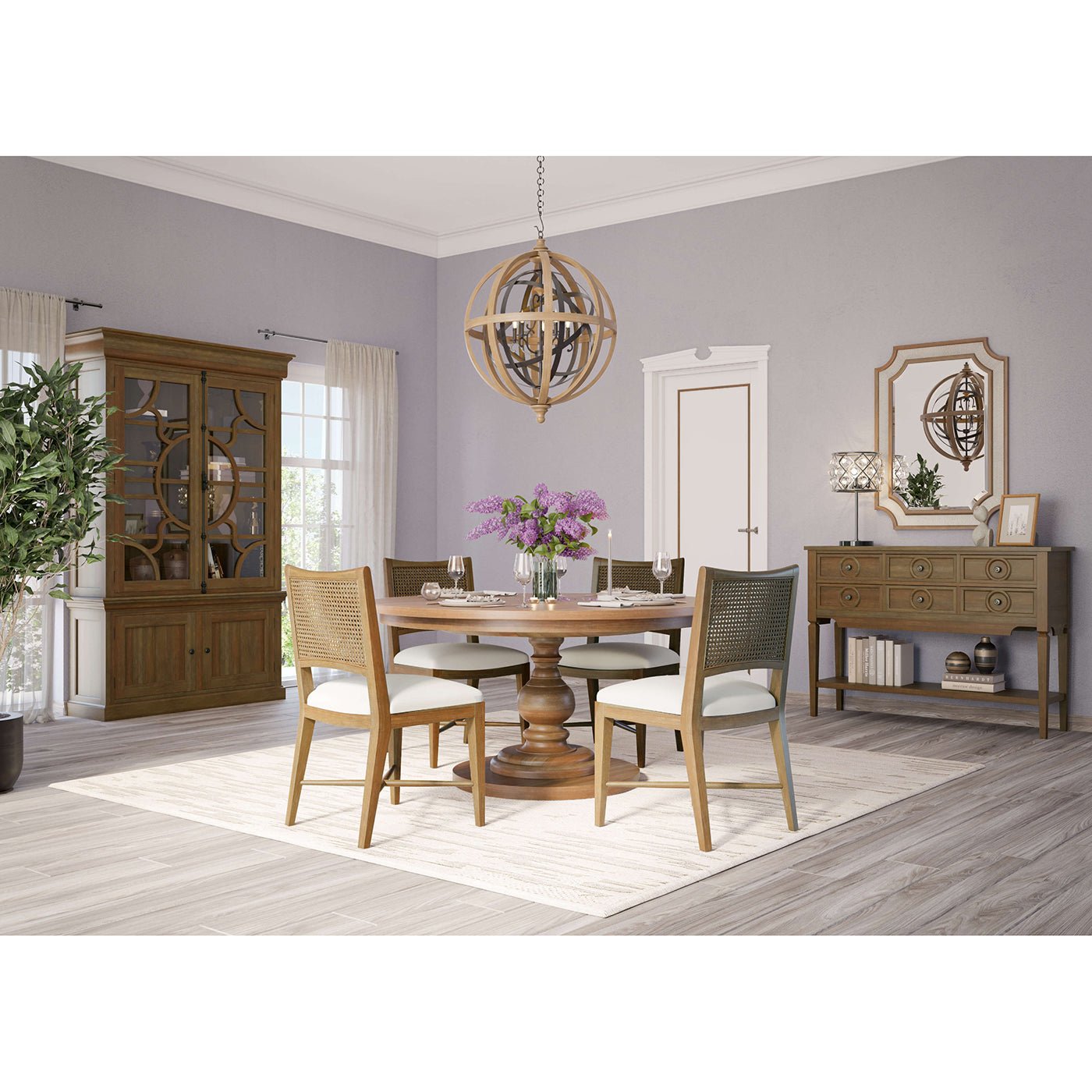 Farmhouse rustic sideboard in dining room setting.