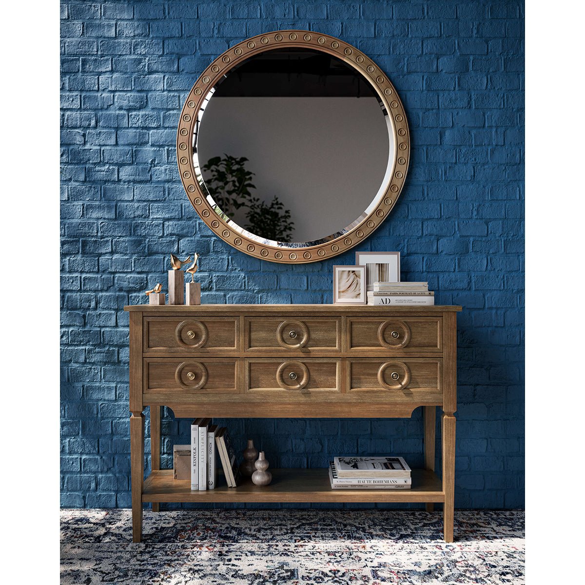 Farmhouse rustic sideboard with decorative mirror setup.