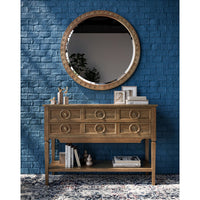 Farmhouse rustic sideboard with decorative mirror setup.