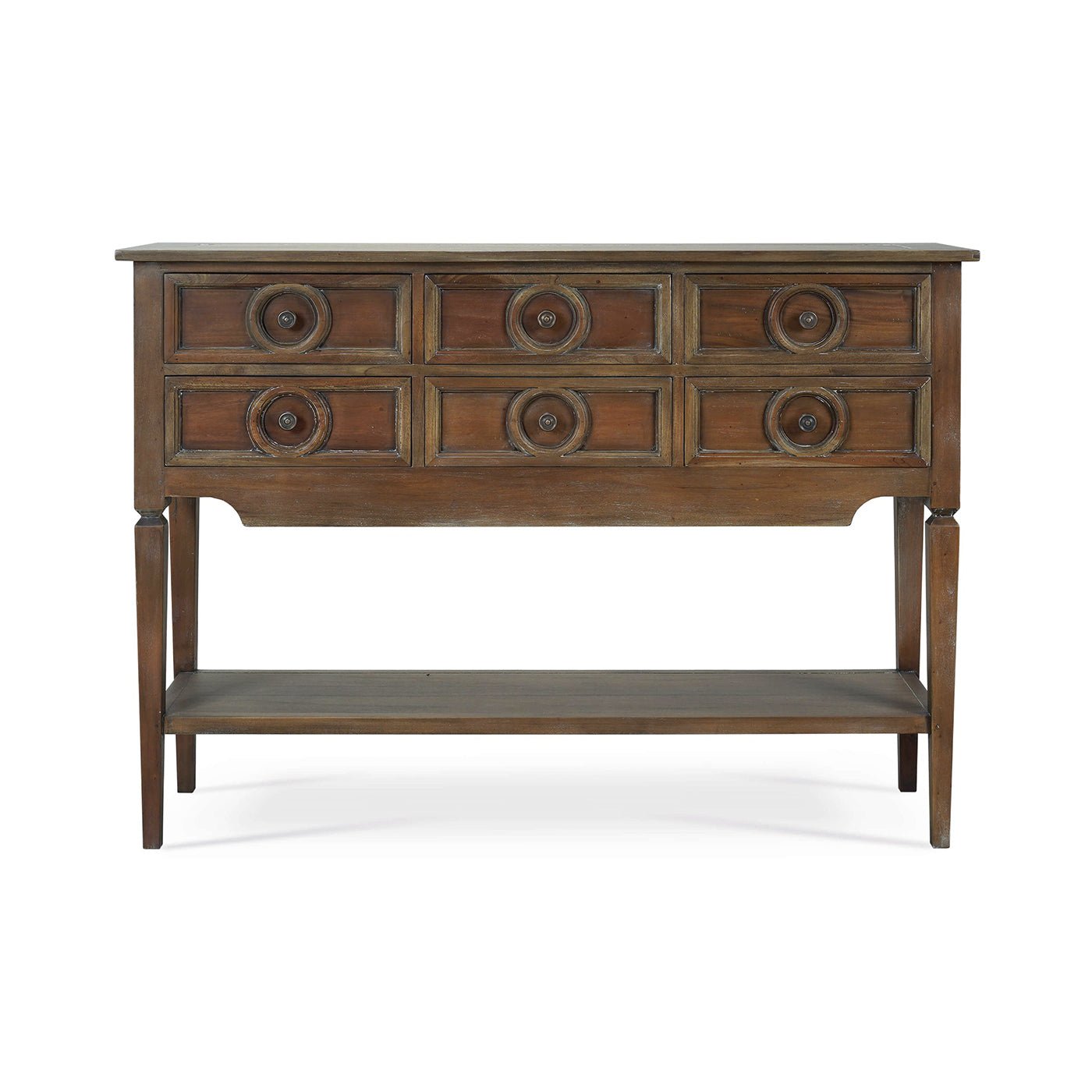 Farmhouse rustic sideboard, front view.