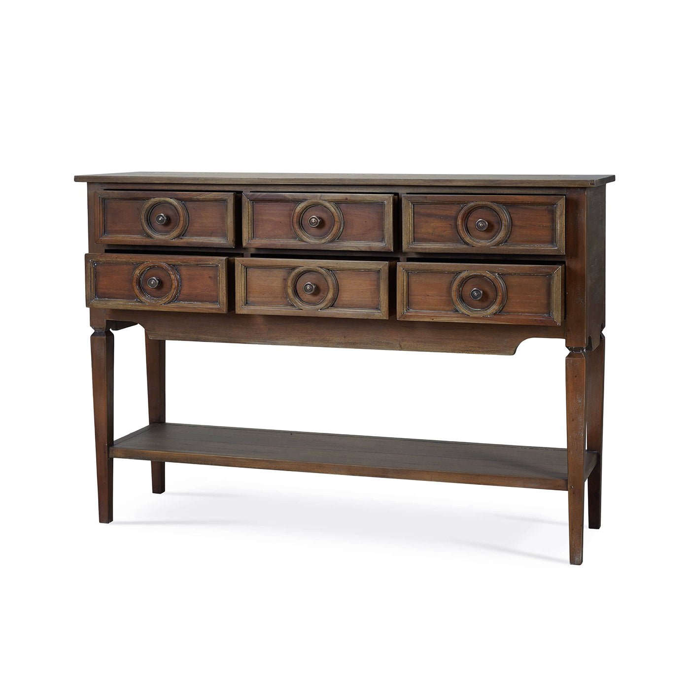 Farmhouse rustic sideboard, angled view.