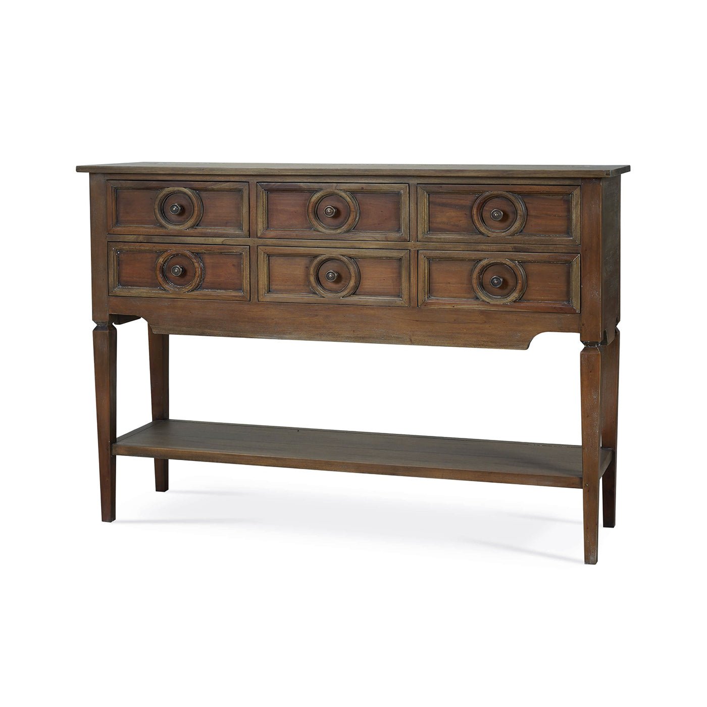 Farmhouse rustic sideboard, angled front view.