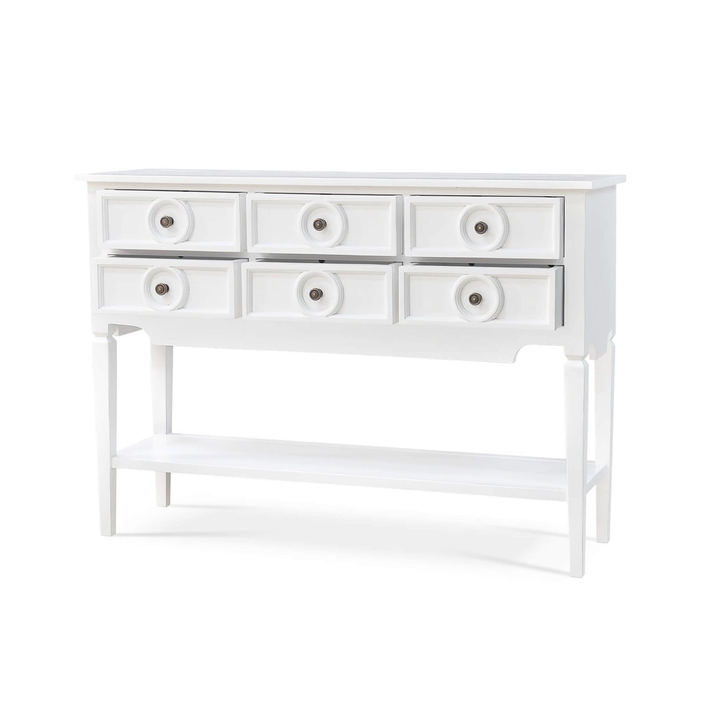 Farmhouse white rustic sideboard, angled right view.