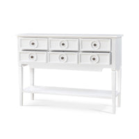 Farmhouse white rustic sideboard, angled right view.