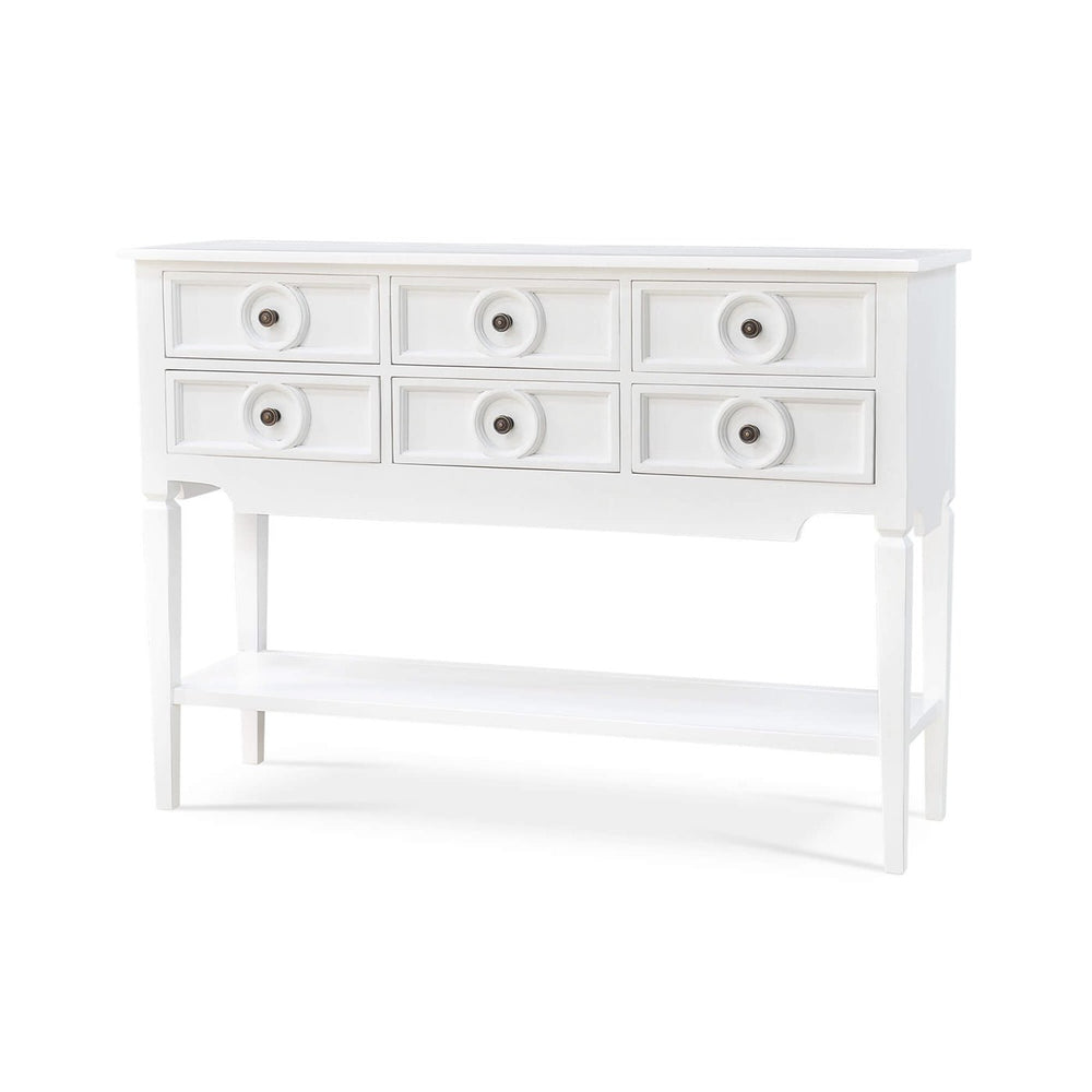 Farmhouse white rustic sideboard, angled left view.