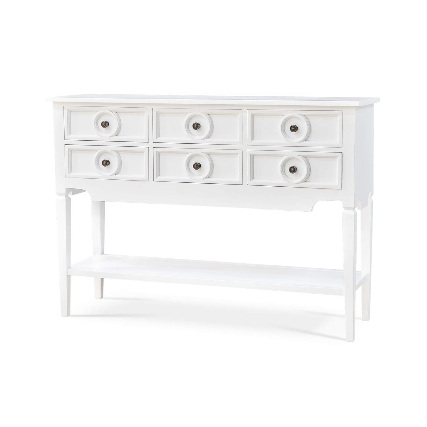 Farmhouse white rustic sideboard, angled left view.