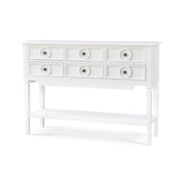 Farmhouse white rustic sideboard, angled left view.