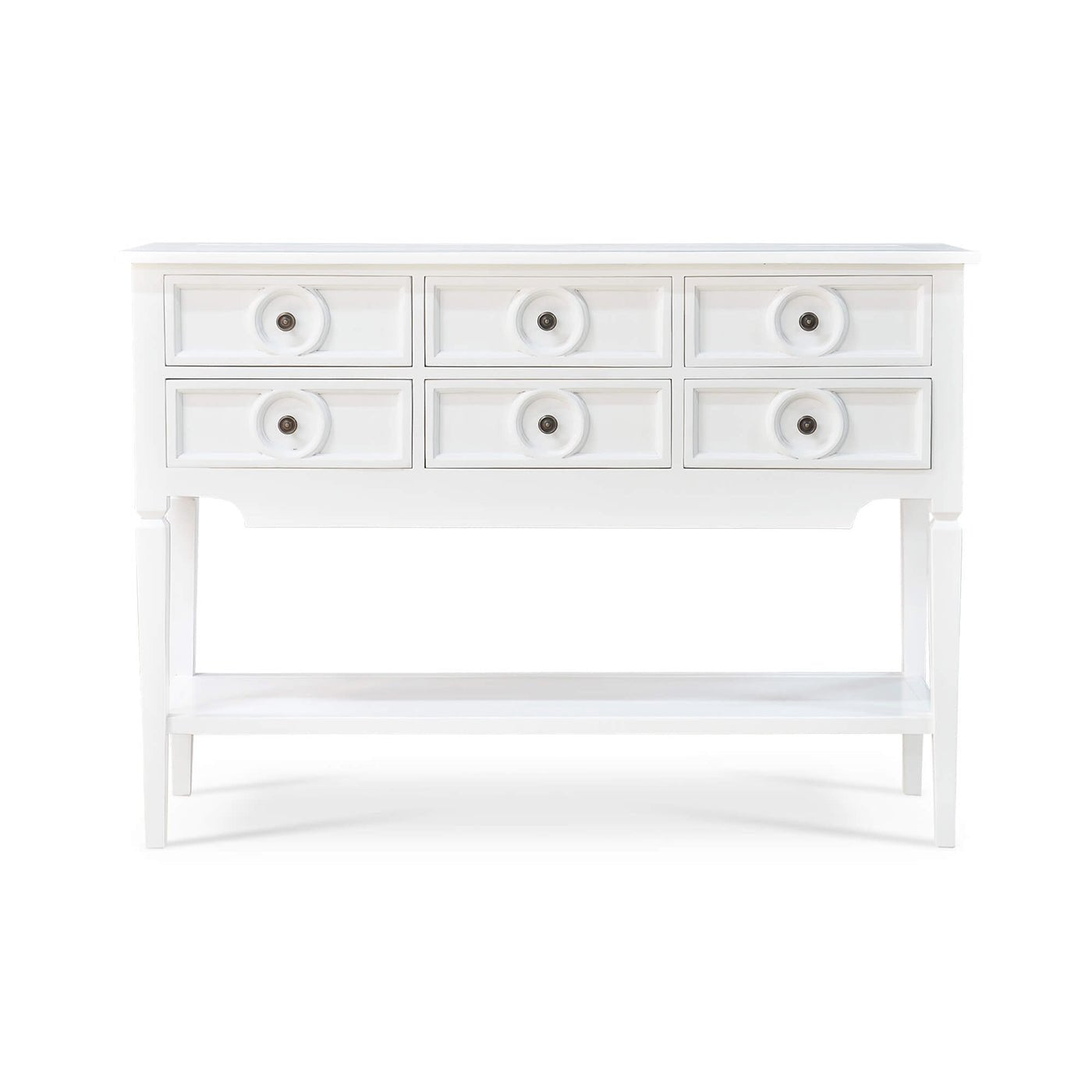 Farmhouse white rustic sideboard, front view.