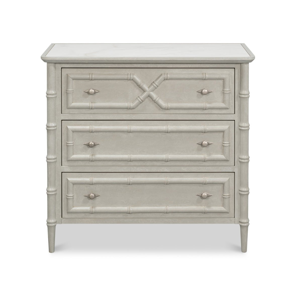 Faux bamboo chest, front view with drawers closed.