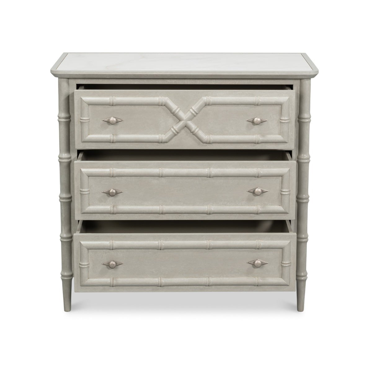 Faux bamboo chest, drawers partially open display.