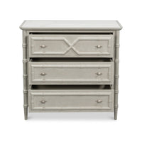 Faux bamboo chest, drawers partially open display.