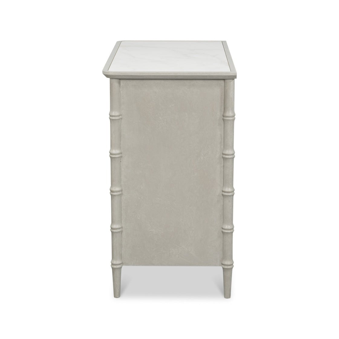 Side view of faux bamboo chest design.