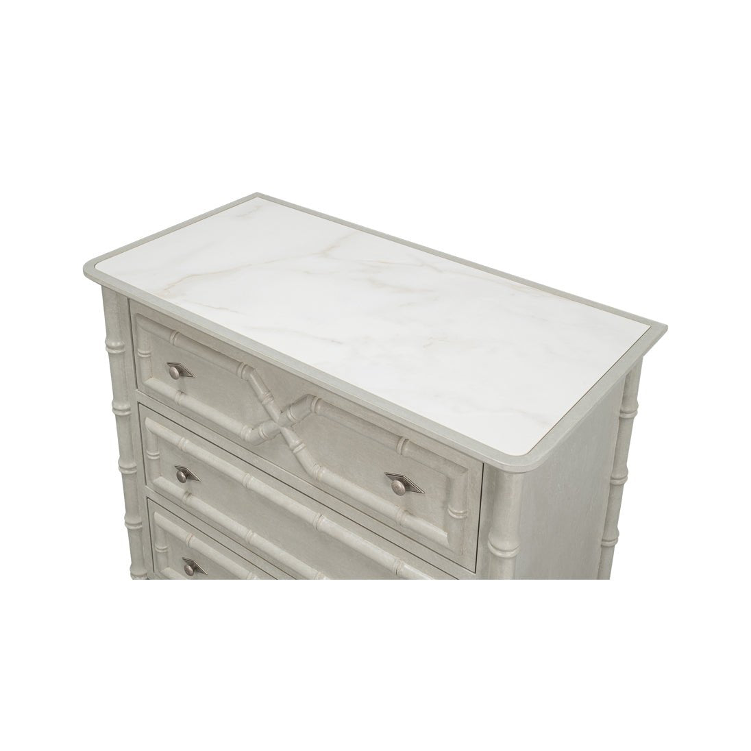 Top view of faux bamboo chest surface detail.