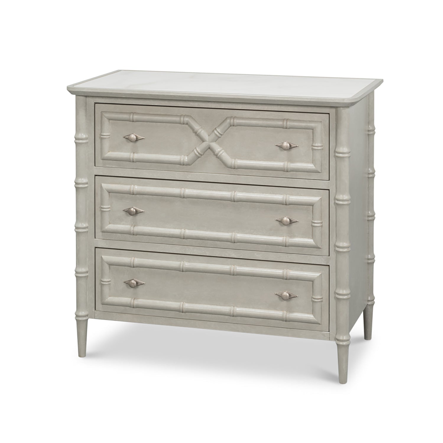 Faux bamboo chest, three-drawer front view highlighted.