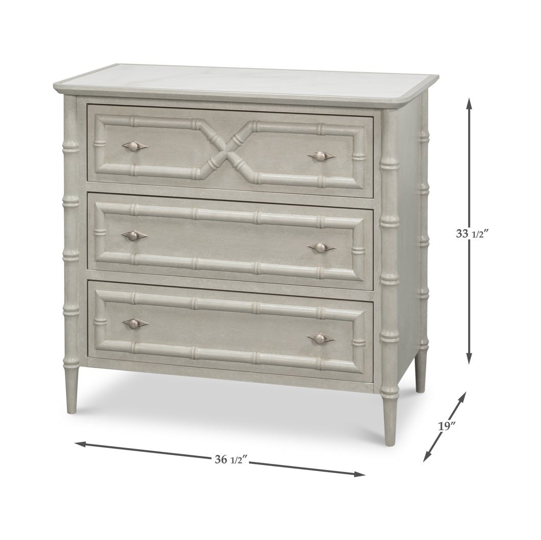 Dimensions of faux bamboo chest displayed with measurements.