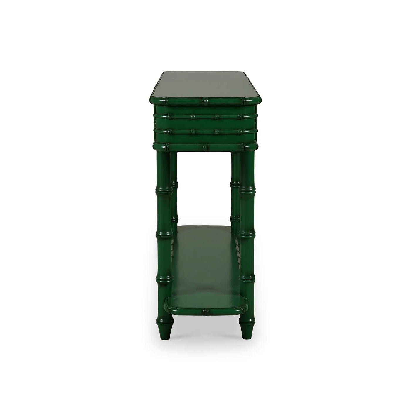 Faux bamboo console table, jade green, side view.