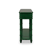 Faux bamboo console table, jade green, side view.