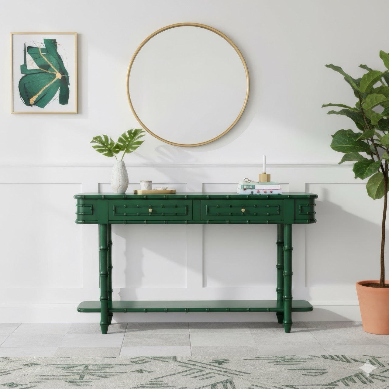 Faux bamboo console table with round mirror and decor.