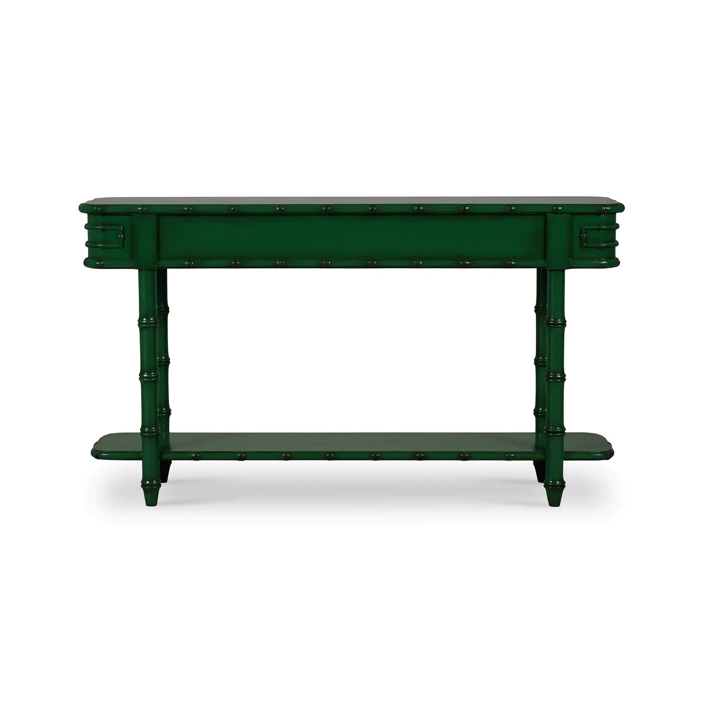 Faux bamboo console table, jade green, back view.