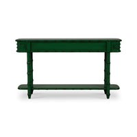 Faux bamboo console table, jade green, back view.