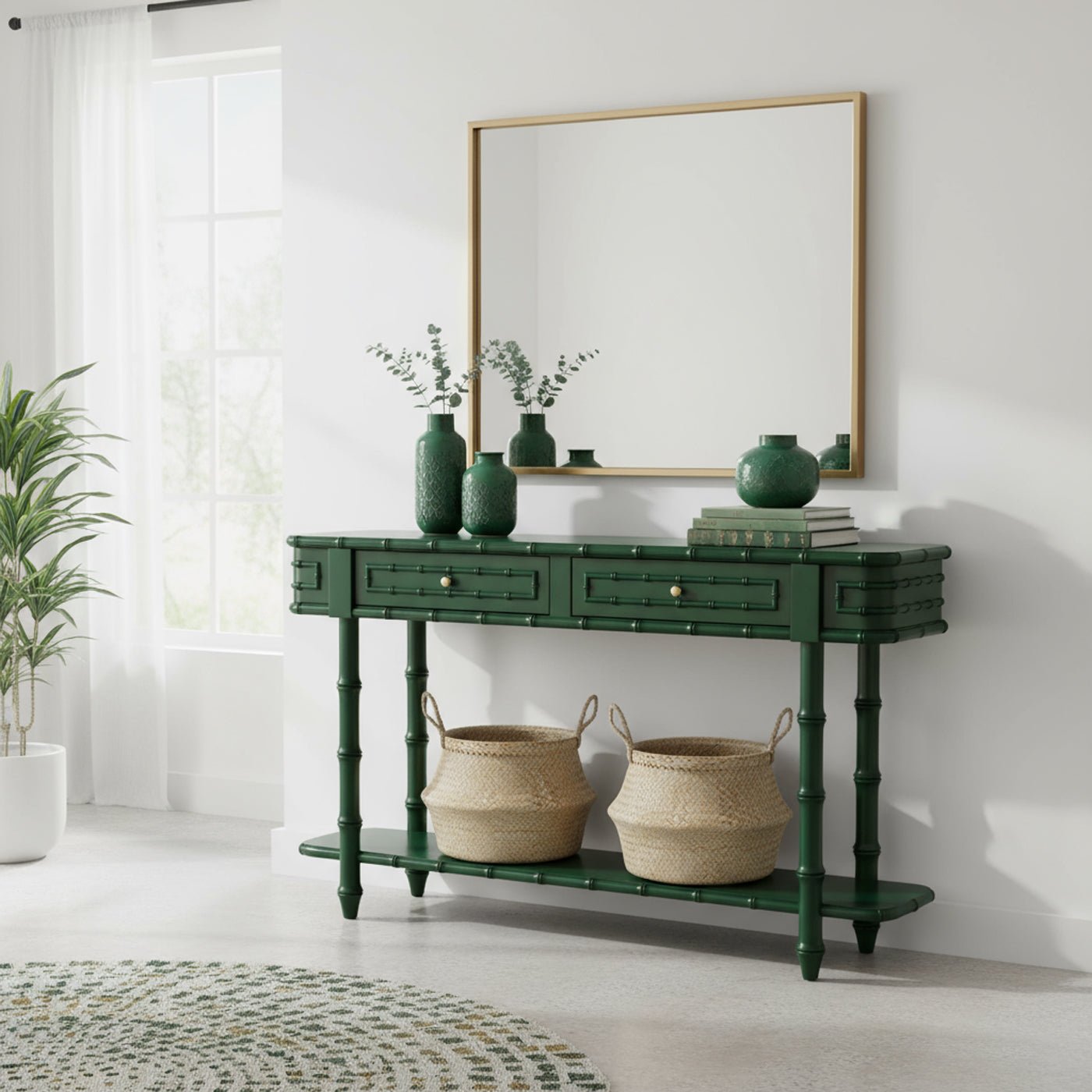 Faux bamboo console table styled with plants and baskets.