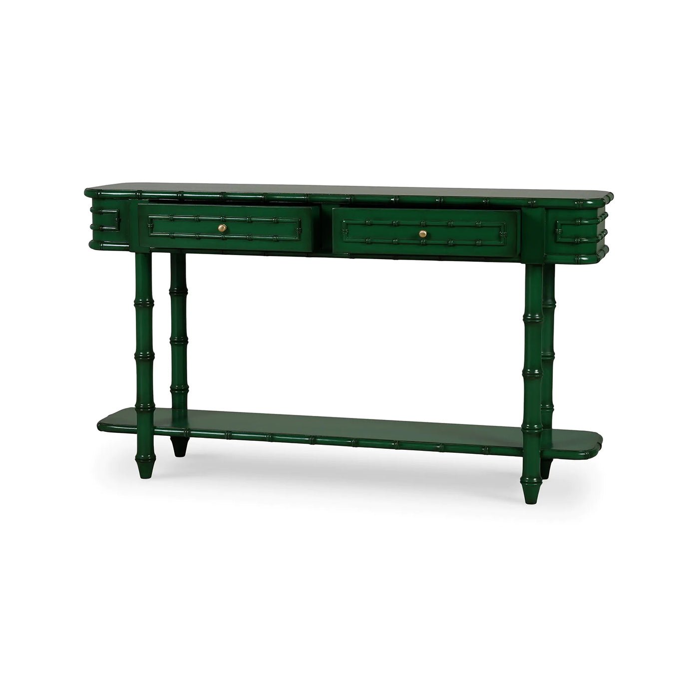Faux bamboo console table, jade green, similar angled view.