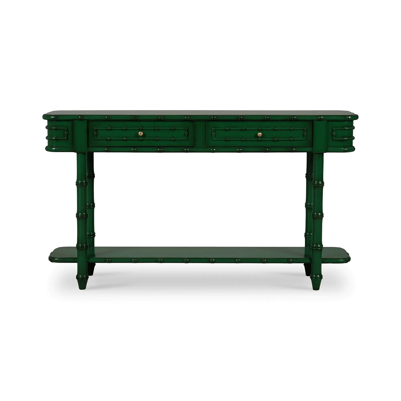 Faux bamboo console table, jade green, front view.