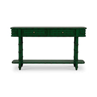 Faux bamboo console table, jade green, front view.
