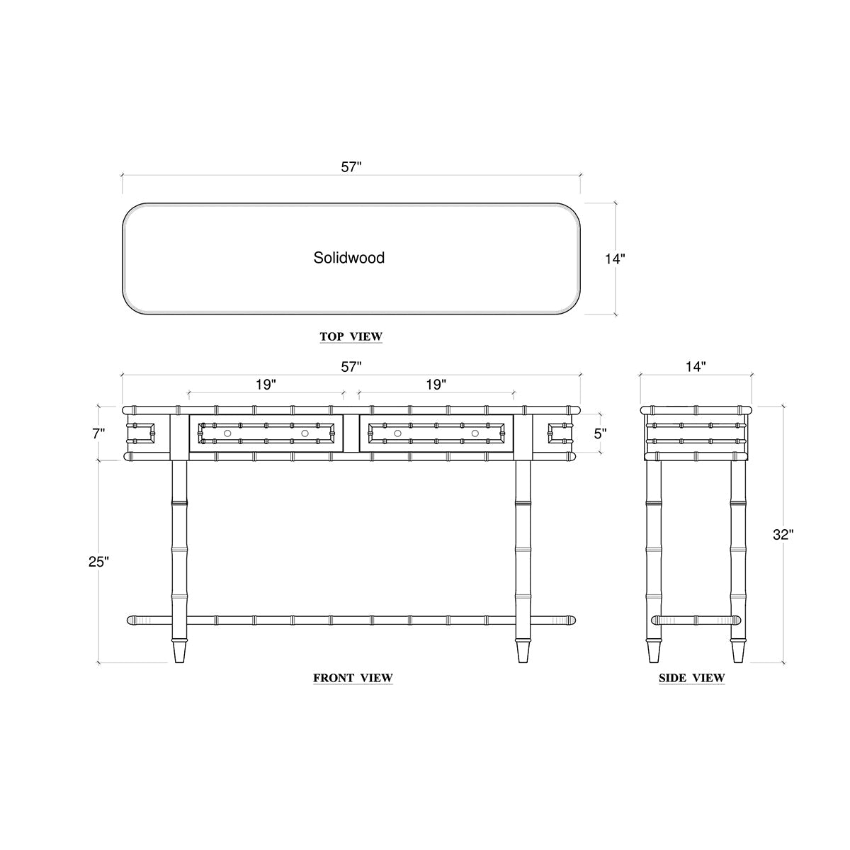 Dimensions drawing of faux bamboo console table, labeled "solidwood."