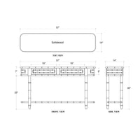Dimensions drawing of faux bamboo console table, labeled 