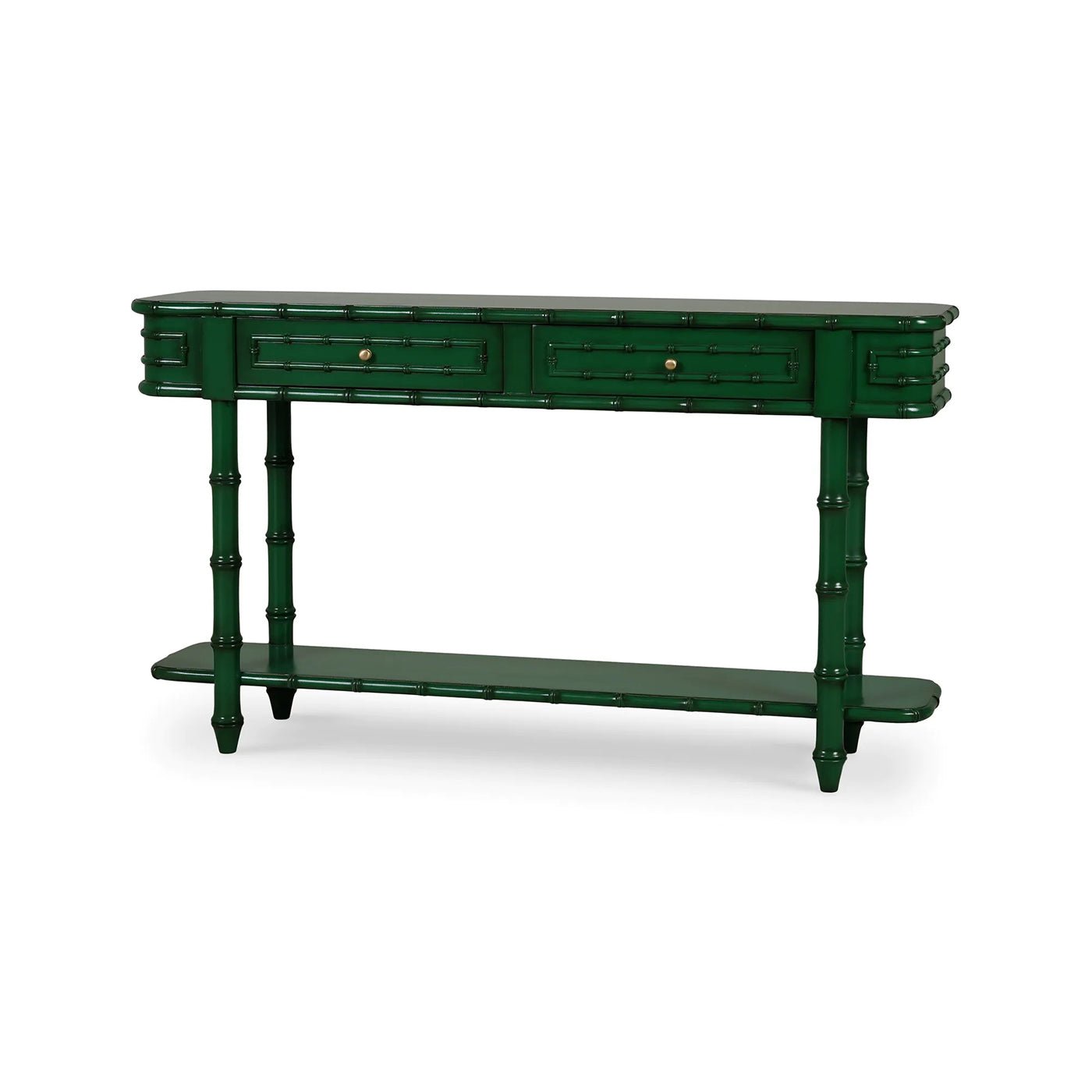 Faux bamboo console table, jade green, angled front view.