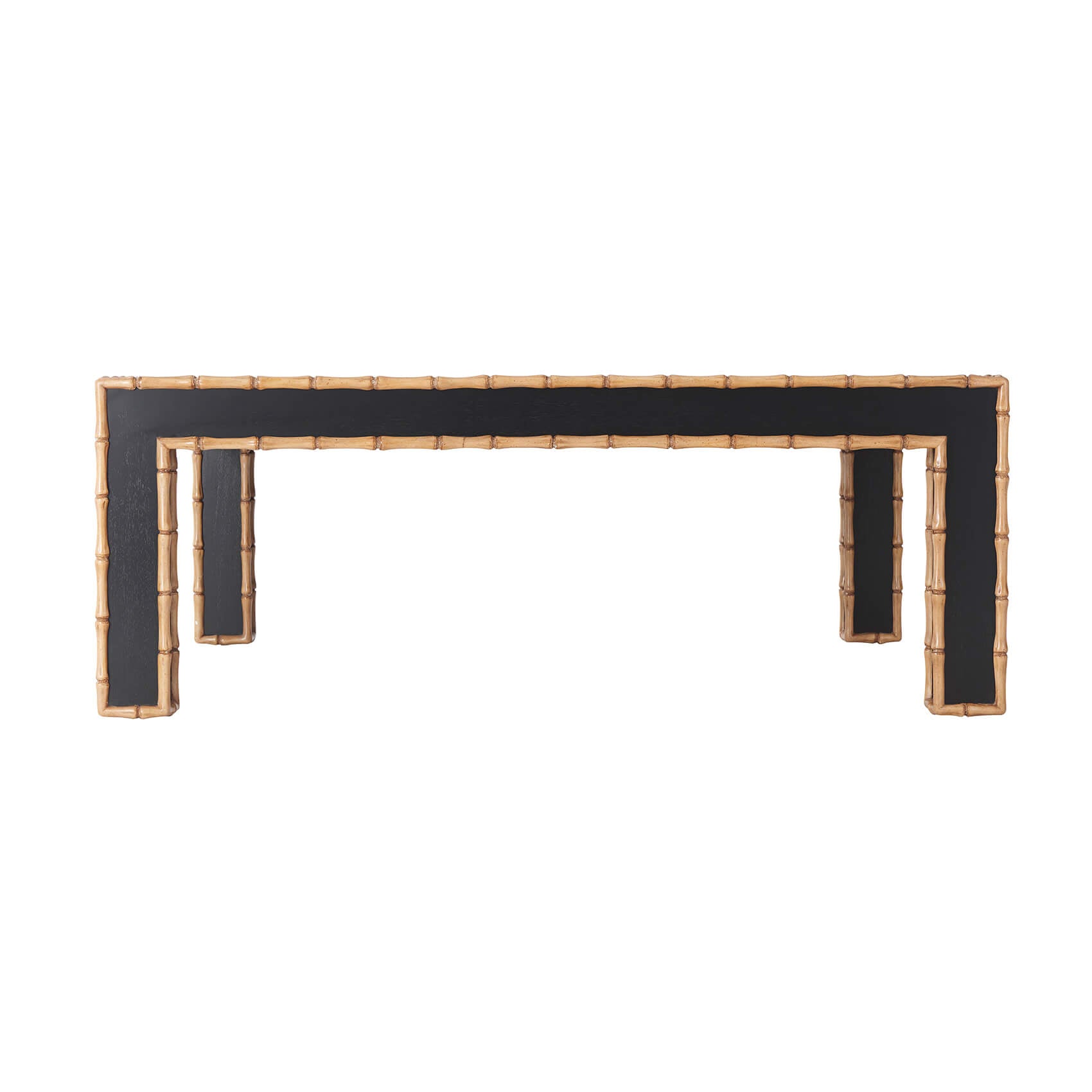 Side view of faux bamboo coffee table, low perspective.