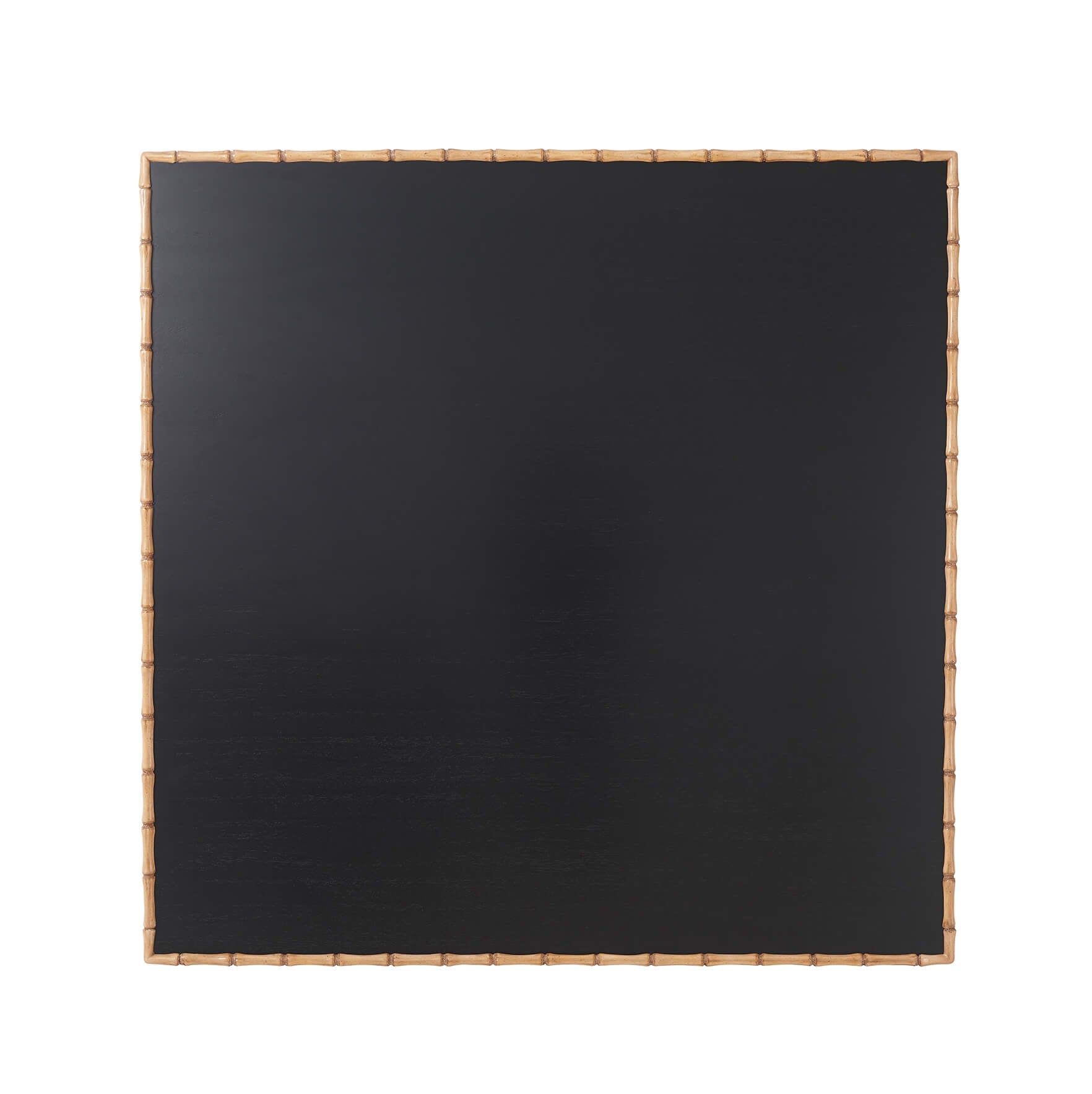 Top view of square table, black surface with trim.