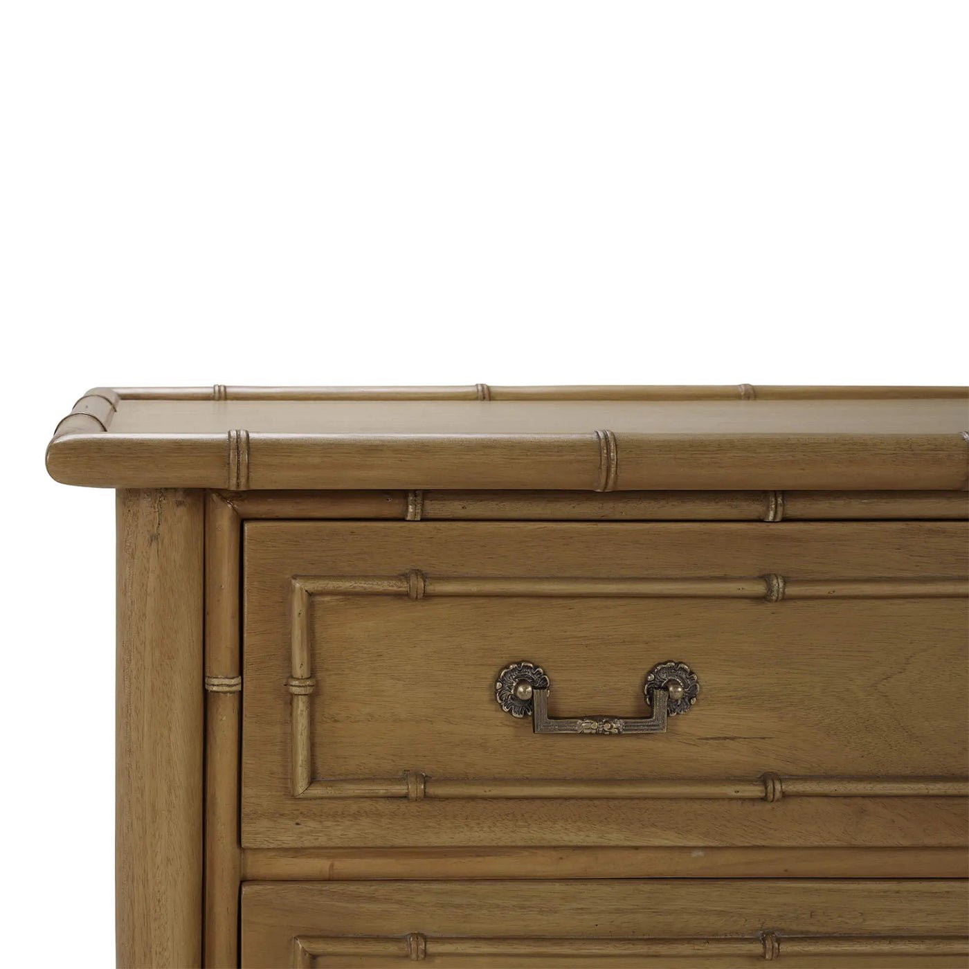 Close-up of faux bamboo chest top and drawer